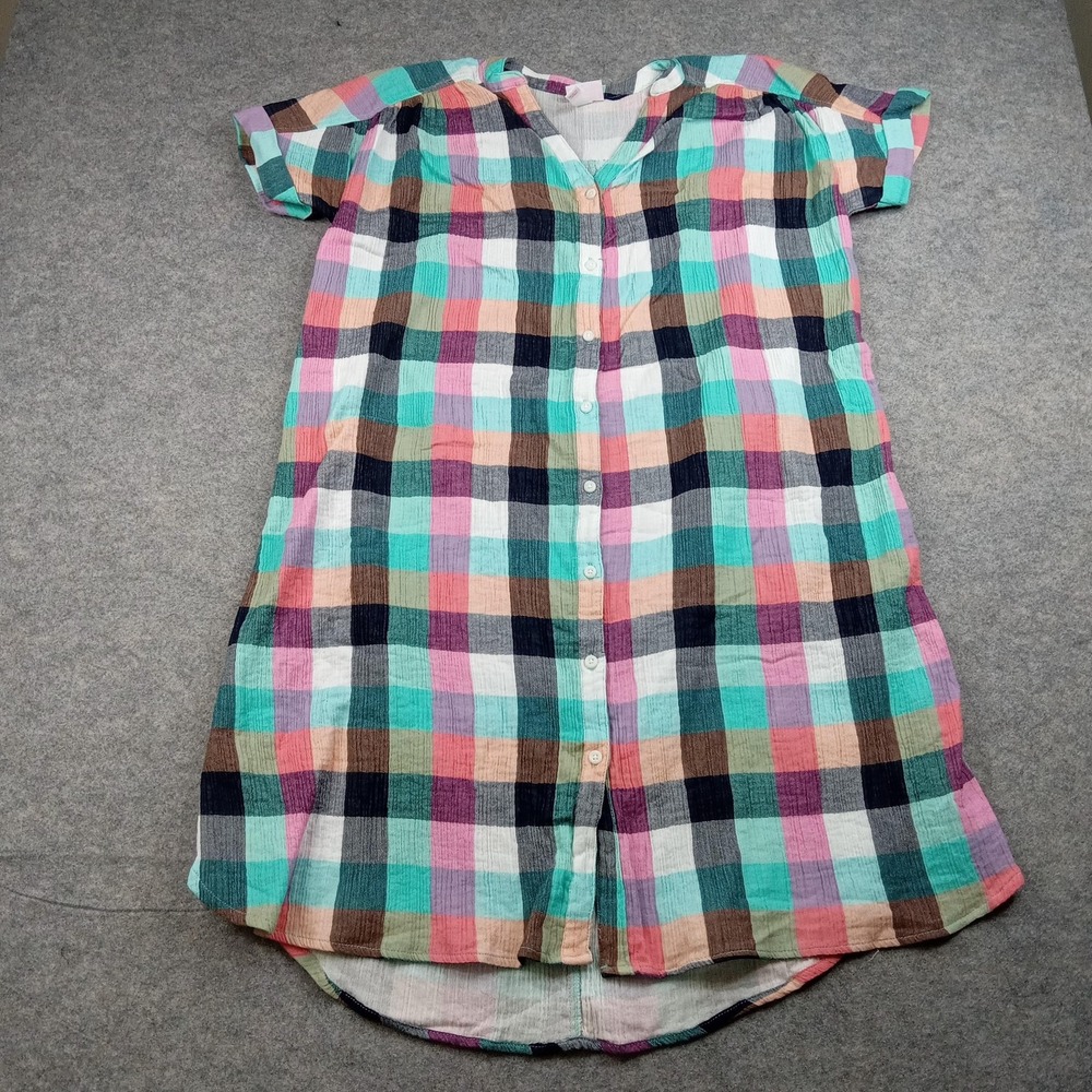 Isabel Maternity Dress Womens Small Multicolor Plaid Button Front Short Sleeve